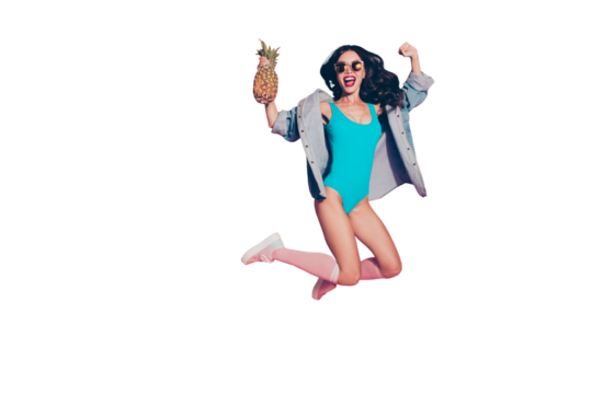 Full size leisure lifestyle lady her wave curly hair she isolated on pink background trendy stylish style shoes sun spectacles raised fists up fly free with tropical exotic fruit in hands