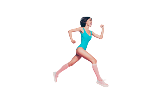 Full length size profile side view dreamy style positive optimist chill lady with her brunette wave curly hair she isolated on shine pink background wear in trendy shoes knee sock run marathon