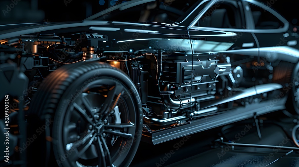 Poster an electric vehicle's engine bay, highlighted in a dark setting with sharp, modern lighting, emphasi