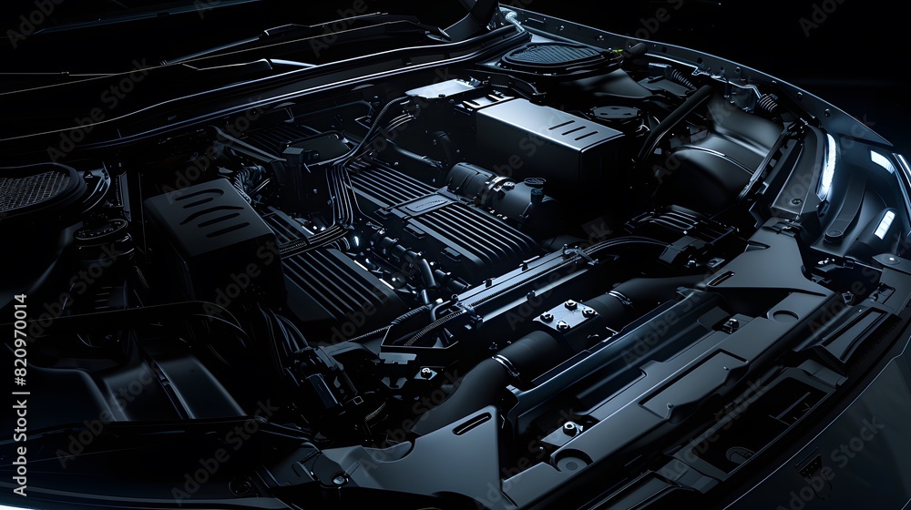 Poster an electric vehicle's engine bay, highlighted in a dark setting with sharp, modern lighting, emphasi