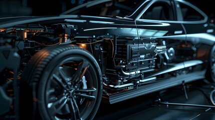 An electric vehicle's engine bay, highlighted in a dark setting with sharp, modern lighting, emphasizing its clean design and advanced technology