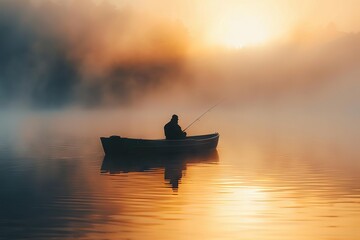 serene misty lake with silhouette of fisherman in boat at sunrise landscape photography
