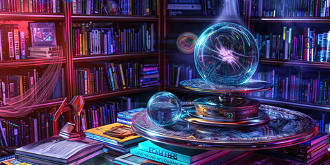 The Quantum Leap of Fiction: A strange, spinning top, nestled among stacks of science fiction novels and a mysterious crystal ball