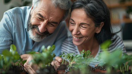Obraz premium Senior man and woman, wife and husband planting green herbs together, taking care of home vegetables plants. Generative ai