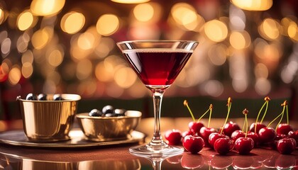 a manhattan cocktail showcased on a table with moderate blurred backgroun