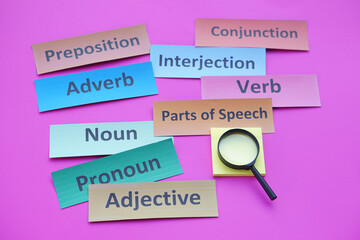 Colorful paper word cards about Parts of speech. Magnifying glass. Pink background. Concept,...