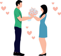 A boy is giving flowers to a girl.