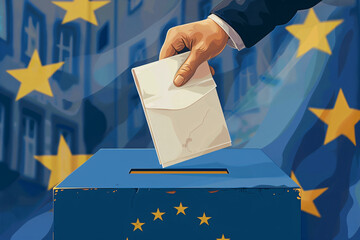 Male hand drops ballot paper in ballot box against of the European Union flag. European Parliament elections. Politic and voting concept. Background or banner with copy space