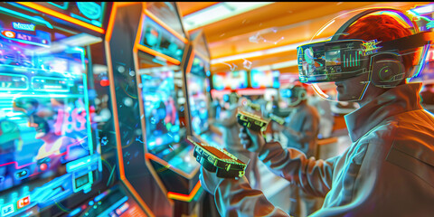 The Augmented Reality Arcade: A bustling arcade filled with players wielding augmented reality goggles, interacting with holographic game screens