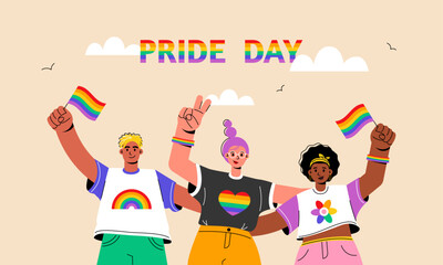 LGBT Pride Day. People activists with rainbow flags together at demonstration, parade.Banner.Vector stock illustration in flat style.