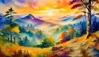 Watercolor painting of sunrise scene with misty forest and distant mountains. Natural landscape