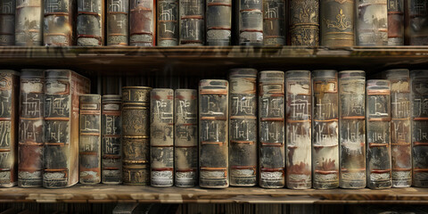 The Ancient Codex Chronicles: A dusty old bookshelf, adorned with faded spines bearing cryptic markings.