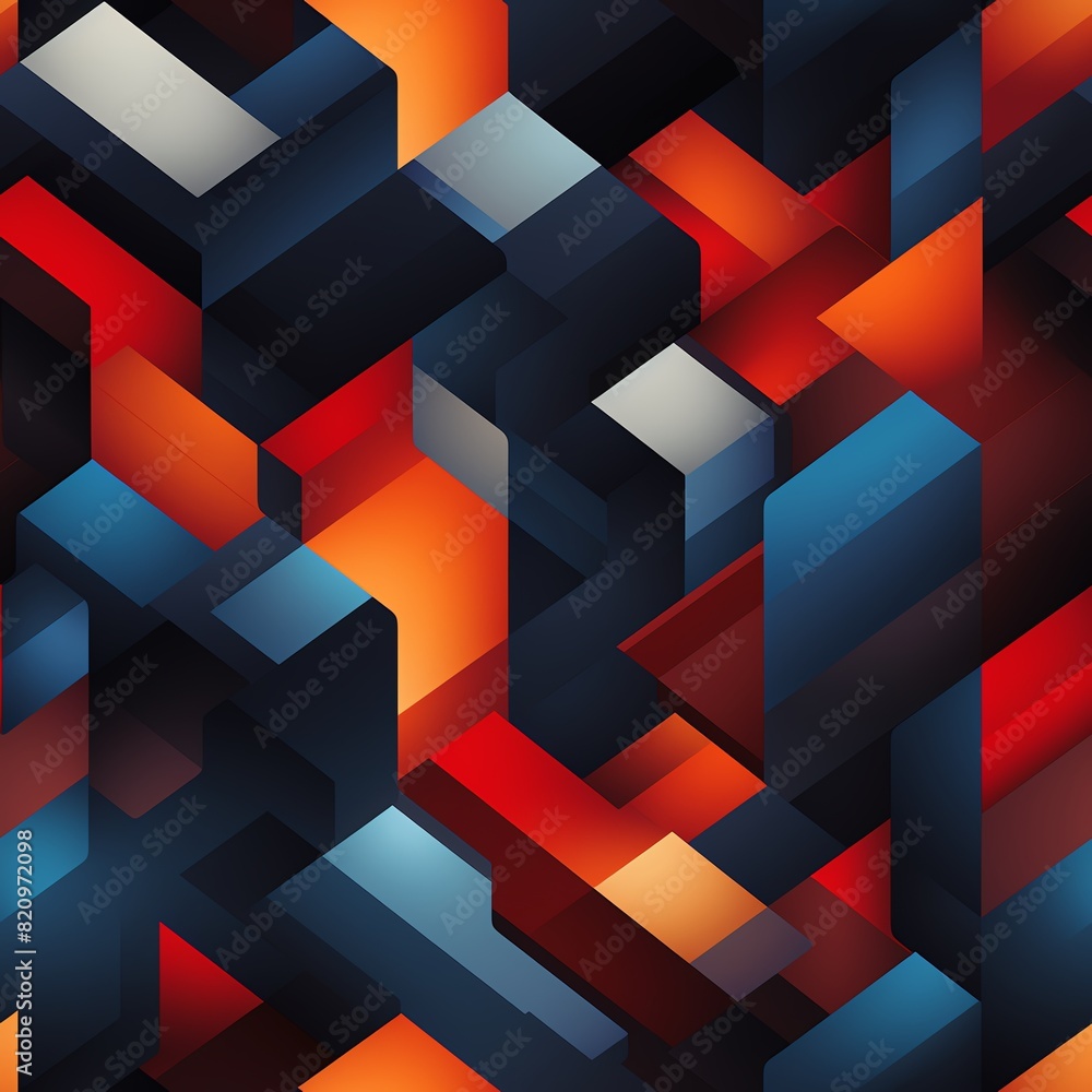 Poster abstract geometric pattern with vibrant colors, featuring blocks and shapes creating a dynamic and m