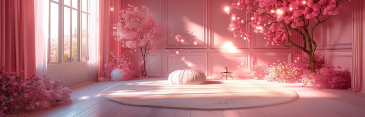 pink room with flowers in sunlight