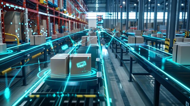 ARenhanced warehouse management, packages moving on conveyors, glowing digital overlays, advanced technology, efficient sorting
