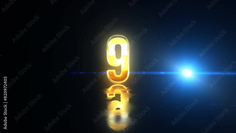 Poster countdown gold text number from ten to zero with glitch light effect on black abstract background.