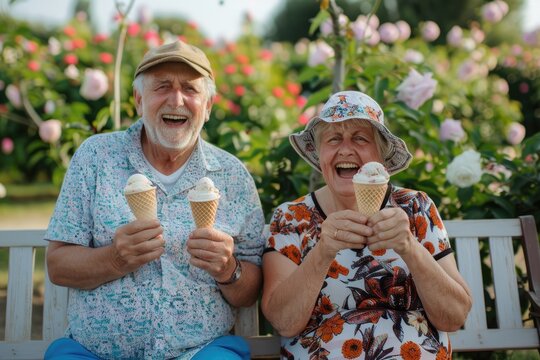 Happy elderly couple enjoying delicious ice cream together in a flower garden. Romantic date, cheerful family portrait. Happy pensioners concept