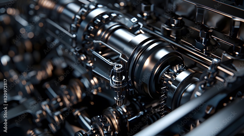 Poster a close-up of an engine's inner workings, with gears and components moving smoothly in a dark, moody