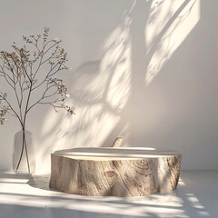 Luminous Shadowed Minimalist Stage: Round Wooden Stump Product Display with Nature-Inspired, Nostalgic, and Organic Elements