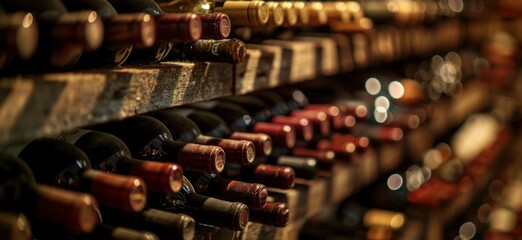 Resting wine bottles stacked on wooden racks in cellar