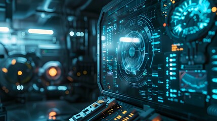 A futuristic engine prototype showcased in a dim, high-tech lab, with glowing holographic interfaces and a dark, ambient environment