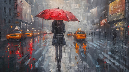 Cityscape oil painting with a woman walking under an umbrella, capturing the essence of a rainy day