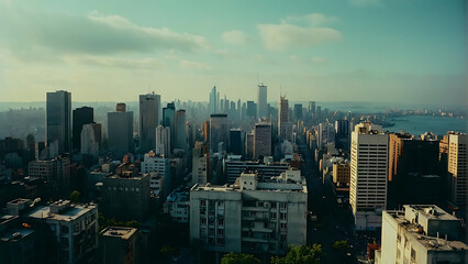 Fototapeta premium Sunrise Over Bustling Concrete Jungle Captured From Rooftop