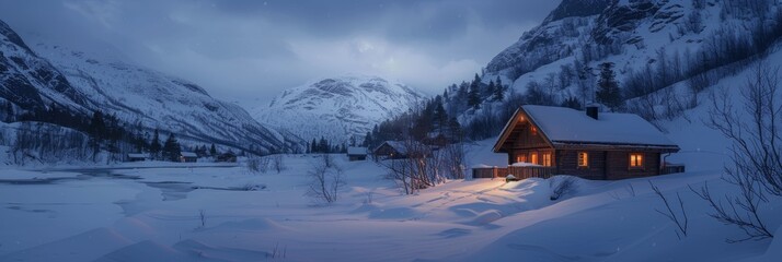 Cozy cabin lit warmly amidst a snowy winter landscape under a starry sky.