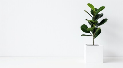 A potted plant with vibrant green leaves gracefully placed in a sleek white square vase
