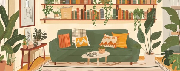 A cartoonish drawing of a living room with a blue couch, a chair, a coffee table, and a rug. The room is filled with plants and books, giving it a cozy and inviting atmosphere