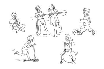 Happy Children doodles contour set. Childrens day concept. Monochrome outline sketchy drawing of playing happy kids on playground isolated on white background. Good for for coloring pages, stickers.