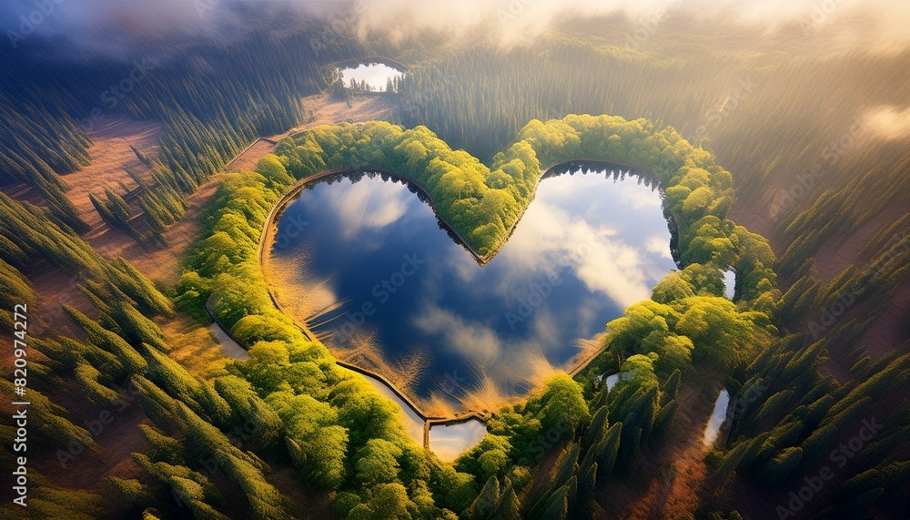Wall mural a close up of a heart shaped lake in the middle of a forest, soaring over a lake in forest,  - Wall murals