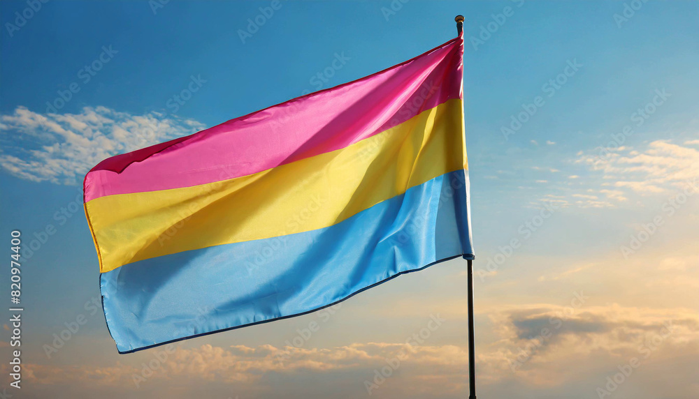 Wall mural pansexual flag flutters against blue sky, lgbtq pride month, pan