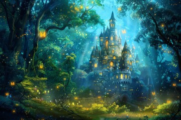 whimsical fairy tale castle in enchanted forest with glowing fireflies fantasy digital painting