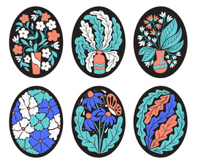 Set of vibrant botanical compositions in vase on black background. Flat hand drawn floral illustration in oval shape and in printmaking technique with grunge texture. Ideal for home decor