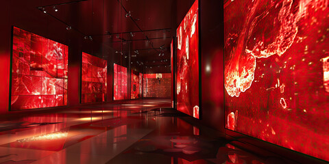 Ruby Digital Art Gallery: Displaying a gallery where digital artworks and installations are showcased, with ruby-red screens and interactive displays.