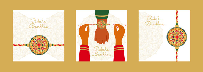 Indian holiday Raksha Bandhan or Rakhi.Bracelet, sister and brother.Set of square template for social media networks, story.Vector stock illustration.