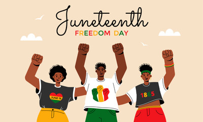 Happy Juneteenth freedom day black. African group of people with fist raised up. June 19, 1865.Vector stock illustration.