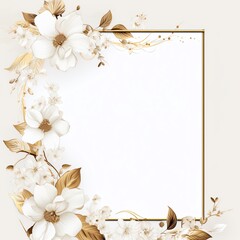 Elegant floral frame with white and gold flowers in a corner arrangement, perfect for invitations, greeting cards, and art projects.