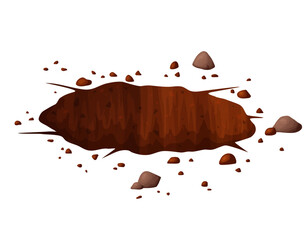 Deep hole in the ground with grass and stones. Brown soil, large cracks and ruins. Digging of sand coal waste rock. Detailed drawing in cartoon style. Vector illustration isolated on white background