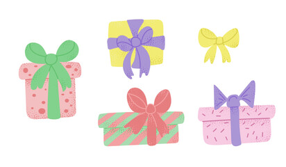 Set of hand drawn colored gift boxes for birthday, anniversary or other holiday in flat candy pastel colors. Vector holiday illustration isolated on white background.