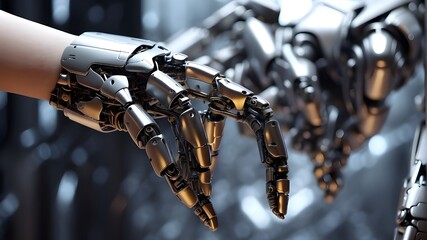 Fototapeta premium The metallic finger of a robot is gently touched by a human finger. idea of a peaceful coexistence between AI technology and people,