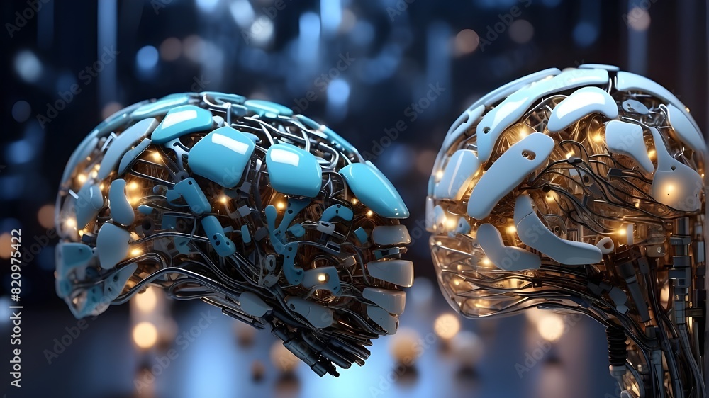 Poster artificial intelligence, machine learning, robotic and human hands on a massive data network brain d