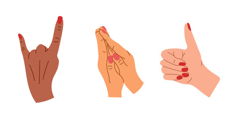 Hand drawn set of diversity hands gestures. Body language and praying by hands. Vector flat doodle illustrations isolated on white background