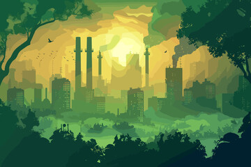 Environmental Pollution and Deforestation Concept with Countdown Bar, Factory Silhouette, and Green Forest