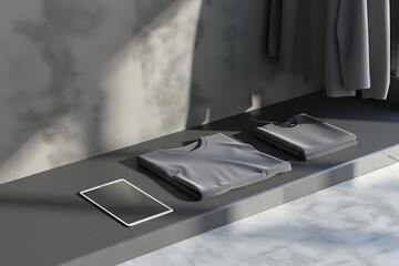 metallic grey studio setup with sunlit folded tshirt and tablet showcasing digital apparel design 3d rendering