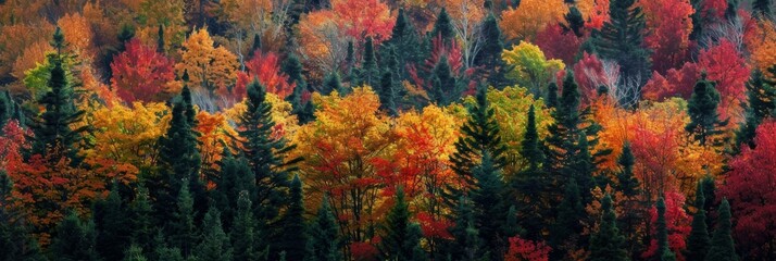 Vibrant autumn colors blanket a dense forest in a breathtaking display.