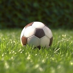 Fototapeta premium Soccer ball resting on green grass under bright sunlight