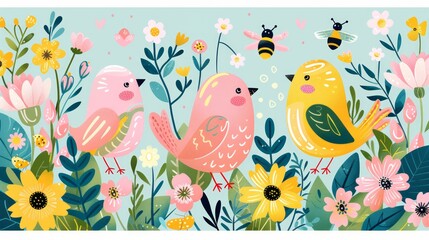 Obraz premium Playful illustration of springtime icons like bees, birds, flowers, and Easter eggs in a flat hand-drawn style.