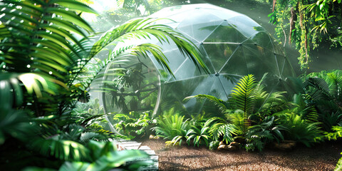 Bio-Dome Ecosphere: This dome-shaped enclosure showcases a self-sustaining ecosystem, with pearlescent walls and an abundance of vegetation.